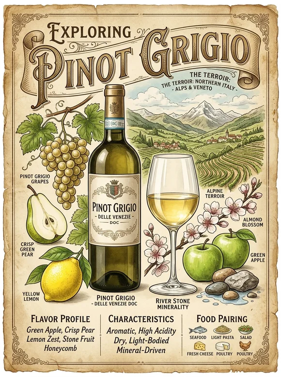 灰皮諾 (Pinot Grigio / Pinot Gris) — poster and bottle